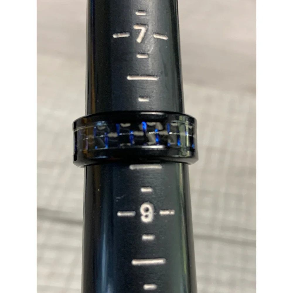 Mens Black Band Ring Blue Carbon Fiber Inlay Wedding Engagement Size 8